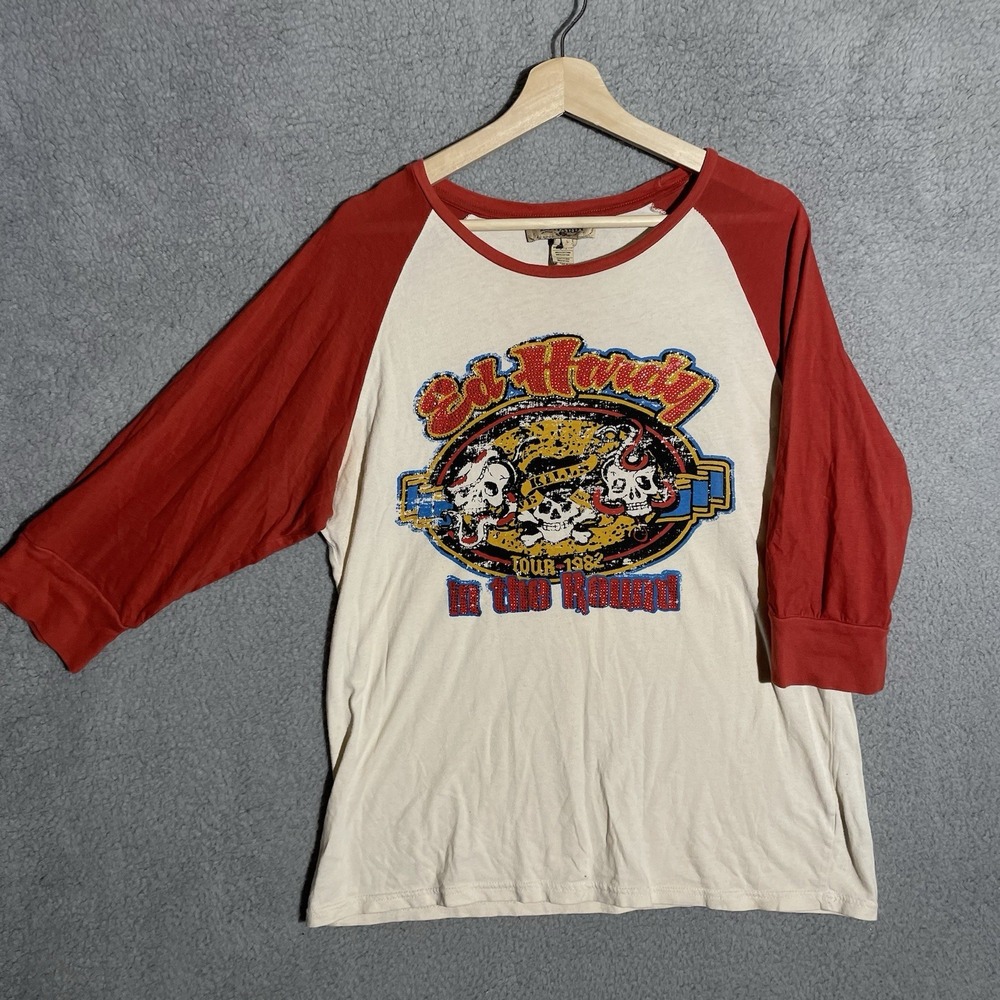 Y2K Ed Hardy In The Round Tour 1982 Red And White Rhinestone 3/4 Shirt Large